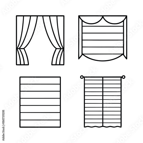 Collection of four simple black line icons representing different window coverings and treatments