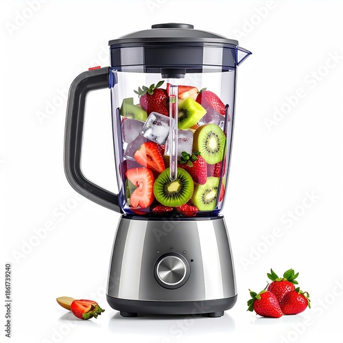 Modern blender filled with fruit and ice, ready for healthy concoction
