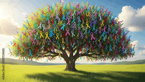 Tree with colorful ribbons in a green field