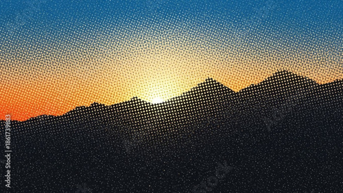 Sunset over silhouette of mountain range with colorful sky gradient