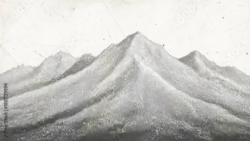 A grayscale illustration of a rugged mountain range with a prominent peak in the center, set against a bright white background, conveying a sense of natural beauty