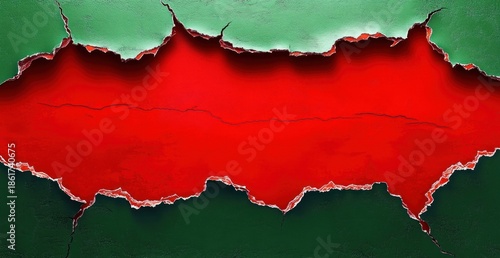 Wallpaper Mural torn green painted surface with jagged ripped edges exposing bright red interior and surface cracks, dramatic intense reveal conveying tension and raw texture Torontodigital.ca