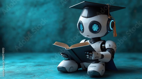small humanoid robot wearing a graduation cap and tassel sitting on a teal surface reading an open book with a curious and studious expression