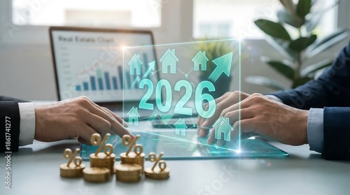 Analyzing future real estate trends and market forecasts with technology visualizing growth and investment opportunities projected towards the year 2026 high quality professional detailed