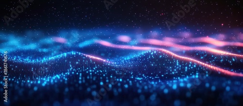 Glowing blue and pink digital wave landscape of luminous particles and grid points under a starry background, evoking futuristic wonder and serenity