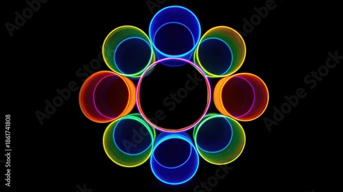 Abstract Rainbow Colored Circular Tubes Arranged In A Flower Pattern With A Dark Center Against A Black Background