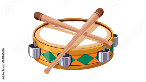 An illustration of a drum and drumsticks.
