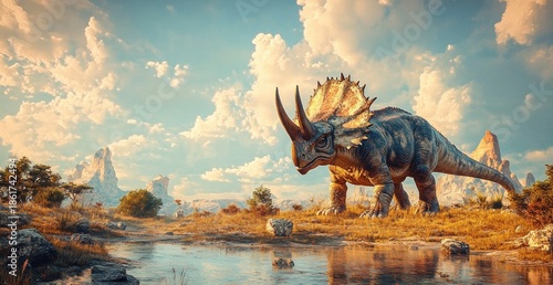 Majestic horned dinosaur with large frill and three horns beside a reflective shallow pond in a golden grassland with rocky spires and dramatic cloud-filled sky conveying tranquil awe
