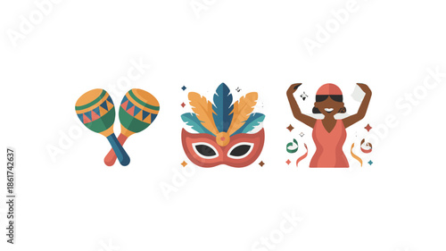 A collection of carnival related element illustrations including maracas, a mask, and a dancing person.