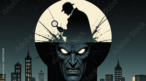 Detective Gray Emerging from Cracked Sphere Comic Vector Illustration