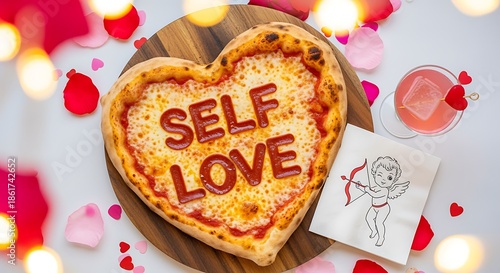 heart shaped pizza with self love message on wooden plate with cupid drawing and pink drink