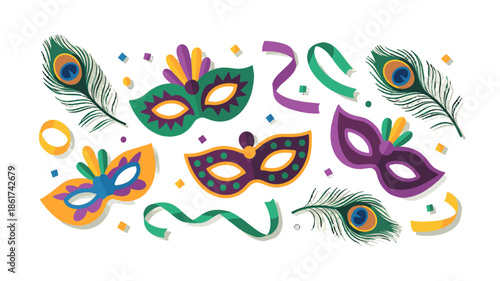Colorful carnival masks and peacock feathers, symbols of mystery and celebration.