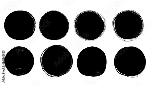Round black color paint shape sets. Grunge circular rough brush badge background elements. Vector illustration