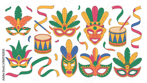 Vibrant carnival masks and festive elements for celebration.