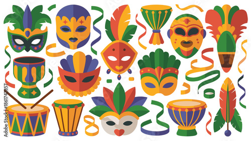A vibrant illustration of carnival masks and drums, celebrating joy and festivity.