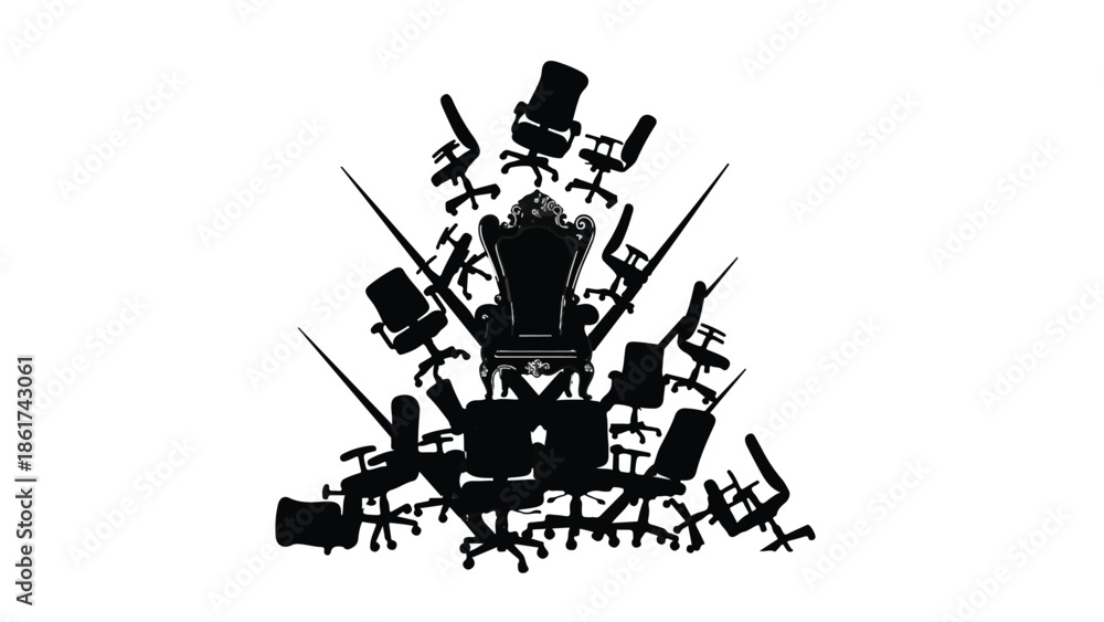 Fototapeta premium A powerful throne surrounded by many office chairs, symbolizing leadership and competition.