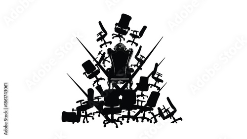 A powerful throne surrounded by many office chairs, symbolizing leadership and competition.