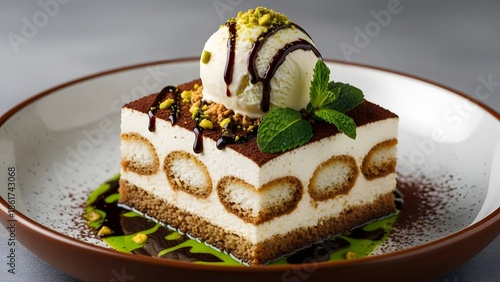 A square slice of tiramisu dessert on a plate