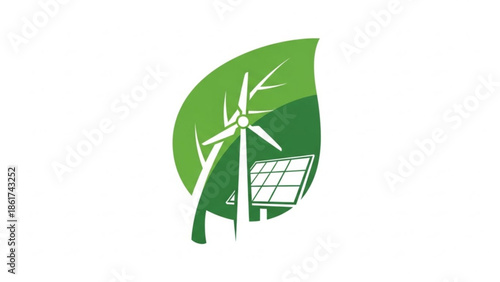 Eco friendly energy concept with wind turbine and solar panel on green leaf background for sustainable living and renewable power