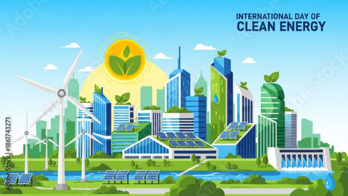 International day of clean energy concept with cityscape and renewable energy sources like wind turbines and solar panels in a green urban environment