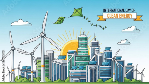 International day of clean energy, cityscape with wind turbines and solar panels, green kite flying high, sunny sky with clouds, eco friendly urban landscape