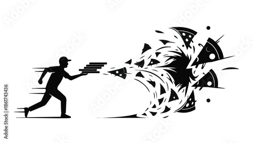 Pizza delivery person in silhouette running, launching pizza slices into a swirling vortex