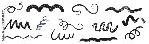 Hand drawn black ink brush paint stroke swish, swoosh wave doodles. Grunge texture abstract line. brush strokes swirl, line curve, calligraphy paint spiral elements. Vector illustration 