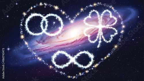 heartshaped galaxy with shining symbols