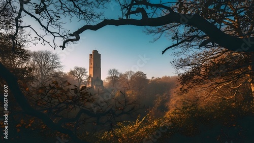 A serene landscape with a tower in the distance surrounded by trees