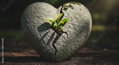 heart shaped stone with small plant growing out of crack in nature