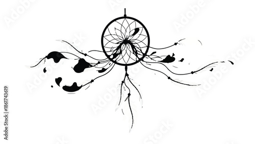 Dreamcatcher with abstract ink splatters and flowing lines, symbolizing freedom and creativity