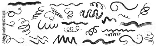 Hand drawn black ink brush paint stroke swish, swoosh wave doodles. Grunge texture abstract line. Vector illustration 