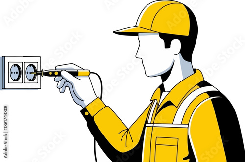 Professional electrician wearing a hard hat meticulously testing an electrical wall socket connection with a specialized screwdriver tool in a dark setting