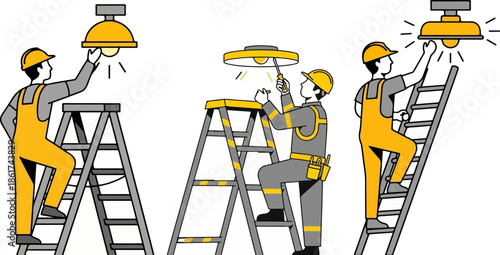 Three specialized electricians diligently working together on separate ladders to install or repair bright yellow ceiling light fixtures in a dark interior setting