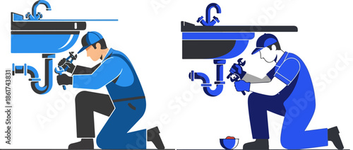 Two skilled diverse plumbers kneeling down carefully fixing leaking pipes and drainage under a bathroom or kitchen sink basin illustrating maintenance and repair services