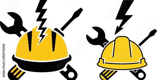 Striking graphic representation contrasting a damaged yellow hard hat signifying electrical danger against a whole protective construction helmet for safety awareness.