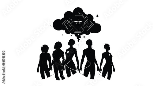 Diverse group of people united by shared thoughts and ideas represented by a cloud of connection