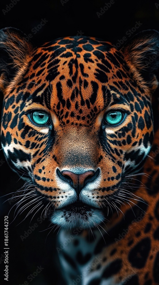 Obraz premium Close-up of a spotted big cat head and shoulders with rosette fur, visible ears and whiskers emerging from a dark background in a dramatic, mysterious, powerful mood