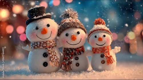 Wallpaper Mural Three snowmen wear hats and scarves stand in soft snow beneath colorful bokeh lights, smiling. cozy Torontodigital.ca