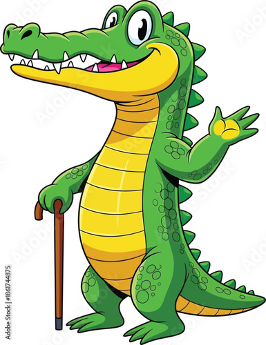 Friendly cartoon alligator character waving hello while holding a walking cane