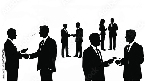 Diverse business professionals engage in conversation and handshakes, fostering connections in a collaborative environment.