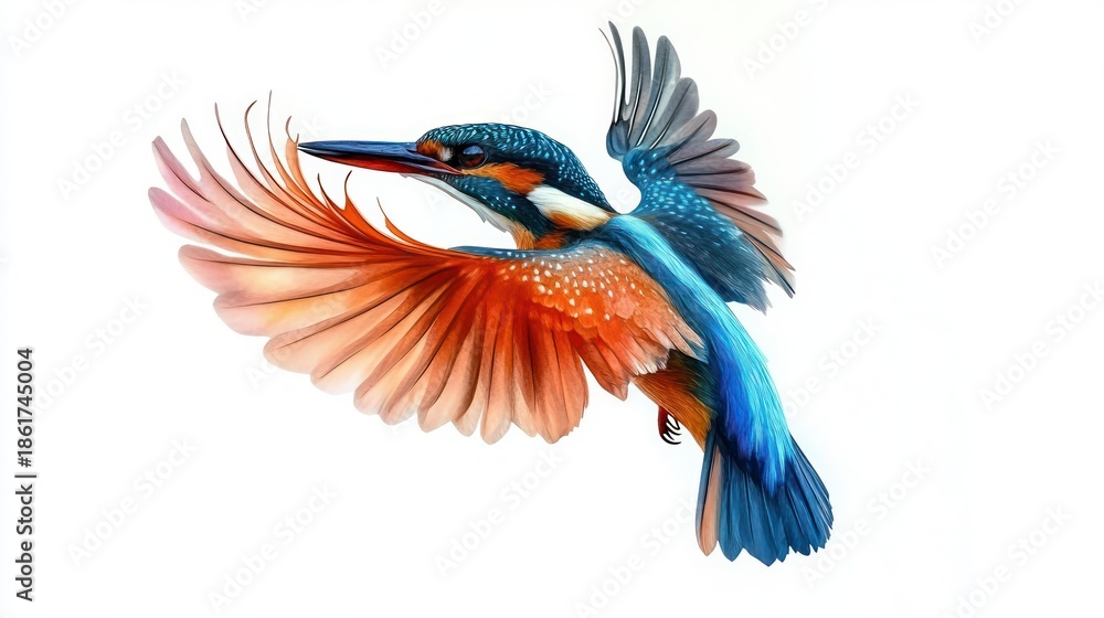 Obraz premium Vibrant kingfisher in mid-flight with outstretched wings, graceful motion and vivid blue and orange plumage on a clean white background