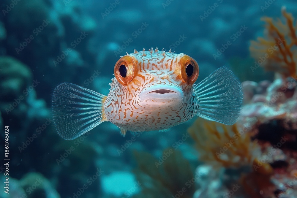 Fototapeta premium curious small pufferfish with wide eyes and translucent fins hovering above colorful coral reef in turquoise water
