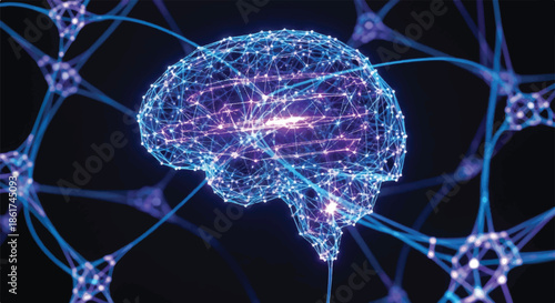 Deep Learning Neural Network Concept with Glowing Blue Brain and Synapses Connections