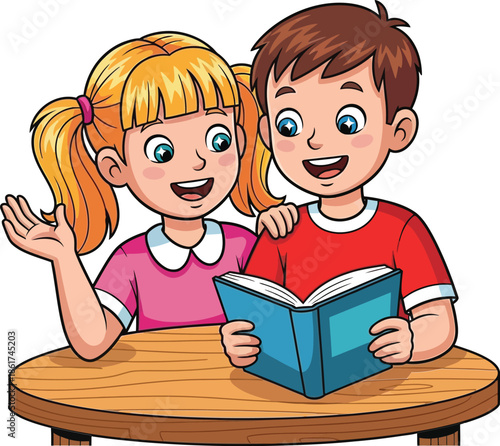 Happy young boy and girl cheerfully reading a book together at a wooden table