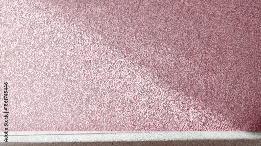 Fototapeta premium Close Up Of A Textured Rose Gold Glitter Wallpaper With White Baseboard And Sunlight
