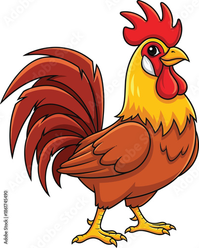 Vibrant cartoon rooster with colorful feathers and a confident stance