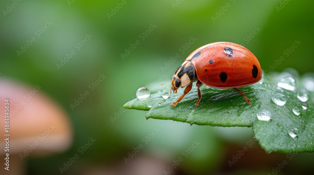 Fototapeta premium Ladybug on dewy mushroom cap in morning light nature scene