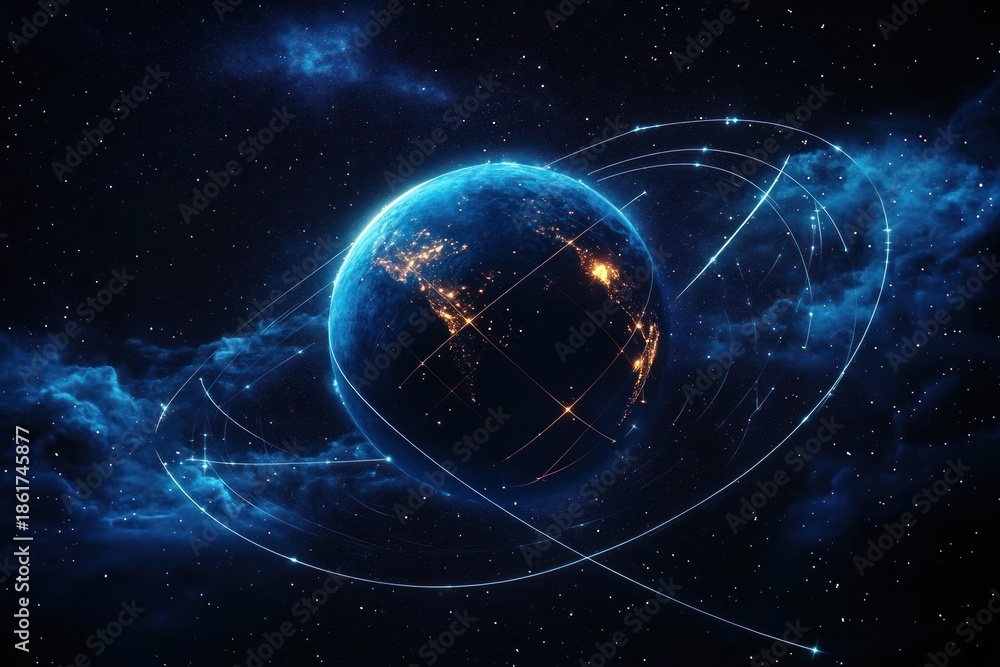 Obraz premium glowing blue planet with illuminated city lights and sweeping orbital light trails surrounded by stars and nebula clouds, evoking awe and futuristic wonder