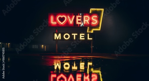 neon motel sign with lovers logo at night with reflection on wet ground